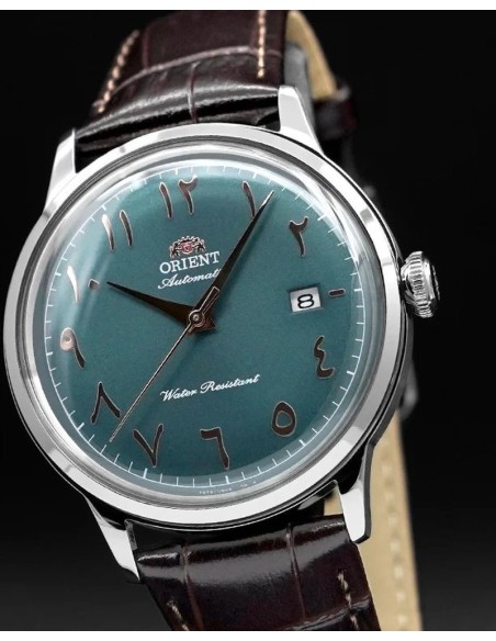 reloj automático hombre Orient Bambino Arabic Dial "Oasis Teal" RA-AC0035E 40.5m correa de cuero cal. F6724